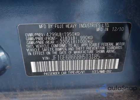 2011 Subaru Impreza 2.5I Premium from USA, damaged, VIN JF1GE6B66BH513185